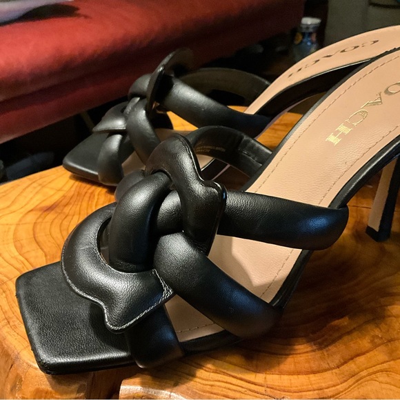 Coach Kellie black stiletto slip on square toe sandals with woven C 8.5 $190 - Picture 8 of 12